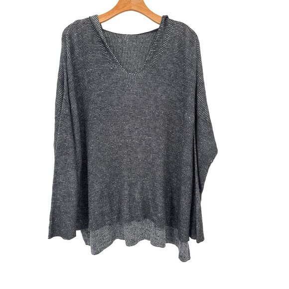 Eileen Fisher Womens size XL Organic Linen Gray Textured Knit V-Neck hoodie top - Picture 1 of 4